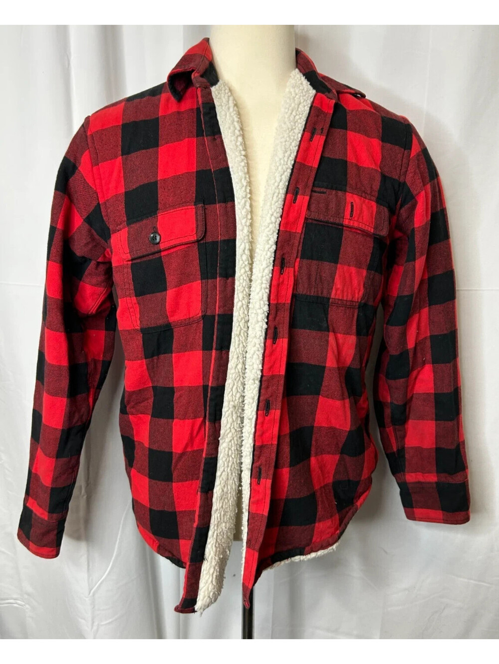 J Crew Men's Size Medium Red & Black Plaid Fleece Lined Button Up Jacket